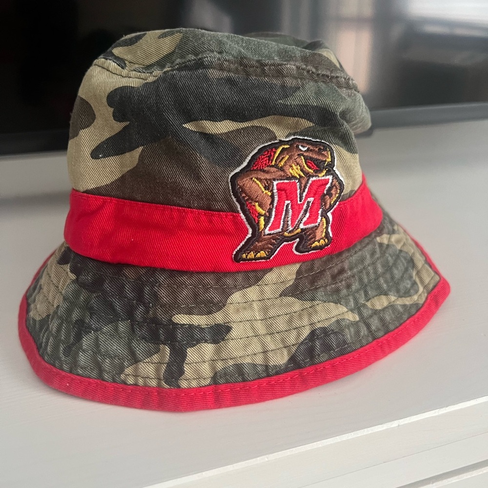 Camo Bucket Hat with Red Trim